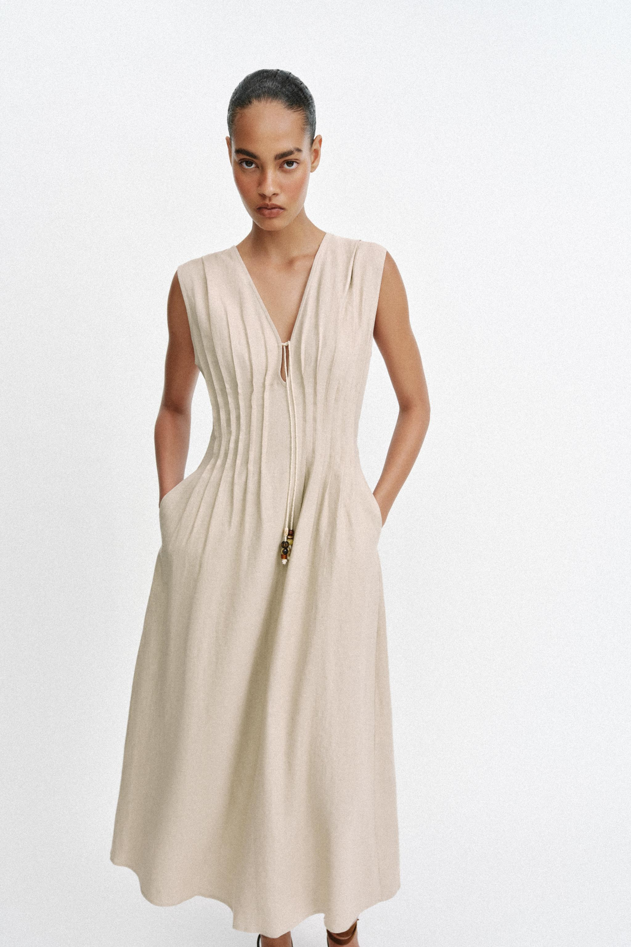 MIDI LINEN BLEND DRESS WITH TUCKS | Zara FR