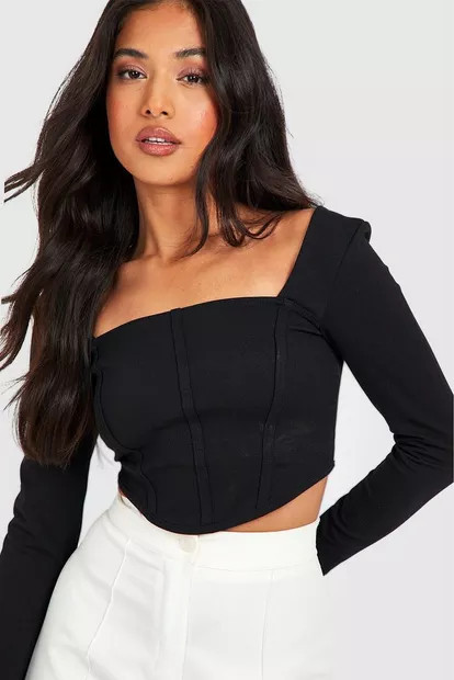 Petite Long Sleeve Dipped Hem Corset Top | Boohoo.com (US & CA)