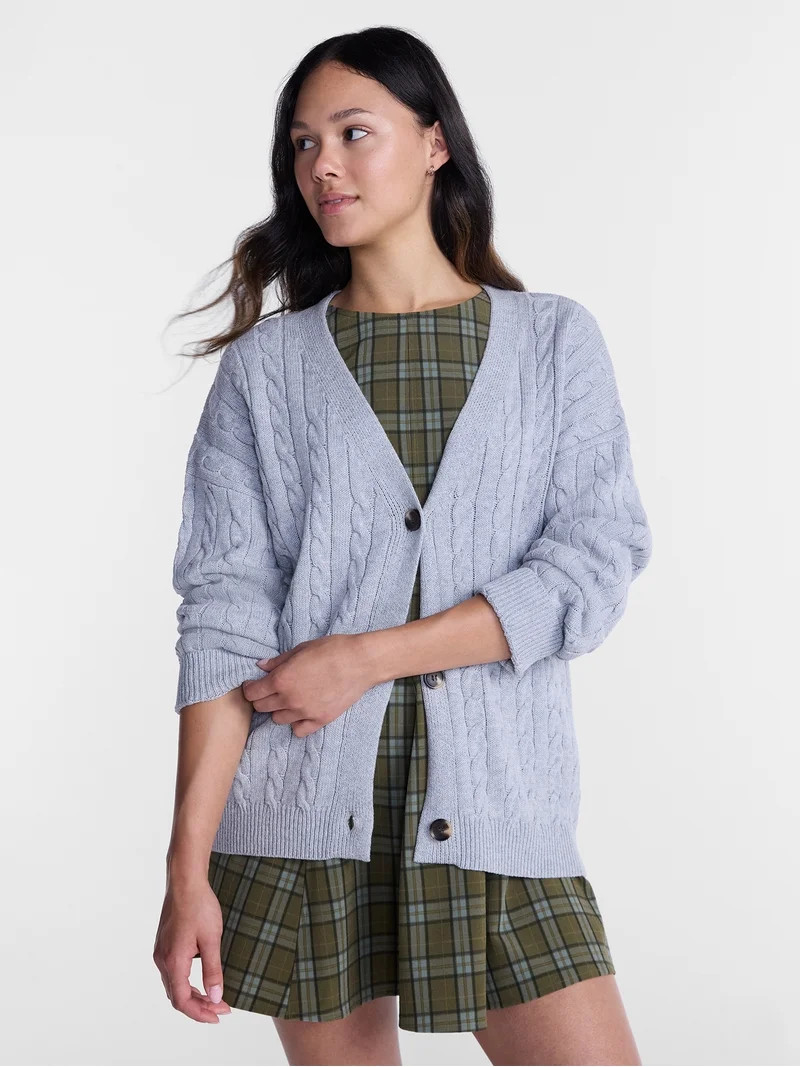 No Boundaries Cable Knit Grandpa Cardigan, Women's and Women's Plus XXS-4X | Walmart (US)