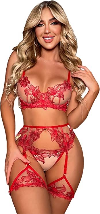 WDIRARA Women's Red Lace Underwire 3 Piece Embroidered Sexy Lingerie Set with Garter Belt | Amazon (US)