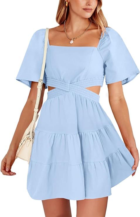 ANRABESS Women Summer Square Neck Short Sleeve Cutout Crossover Waist Casual Party Tiered A-Line ... | Amazon (US)