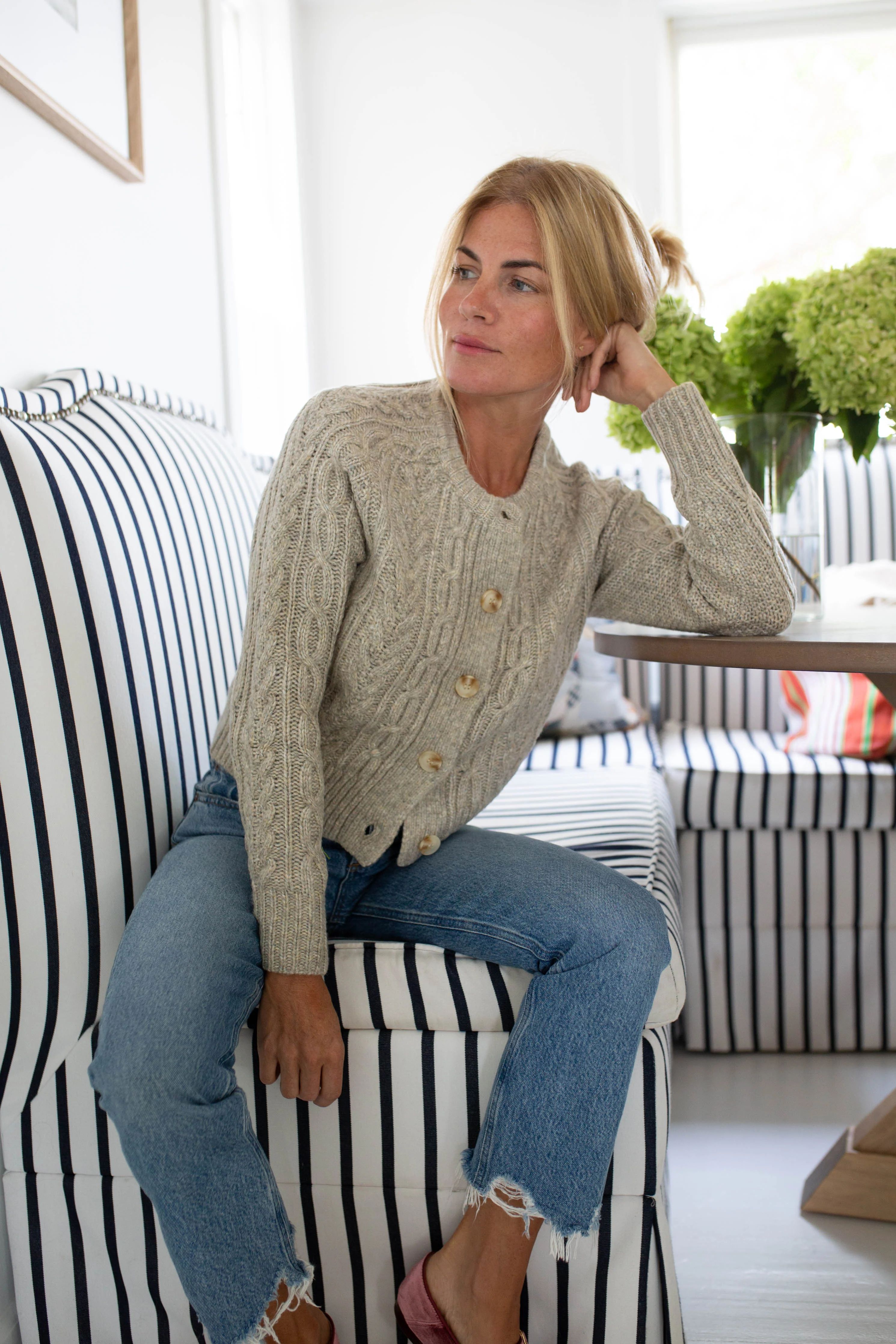 Classic Cable Knit Cardigan in Flax | Marea