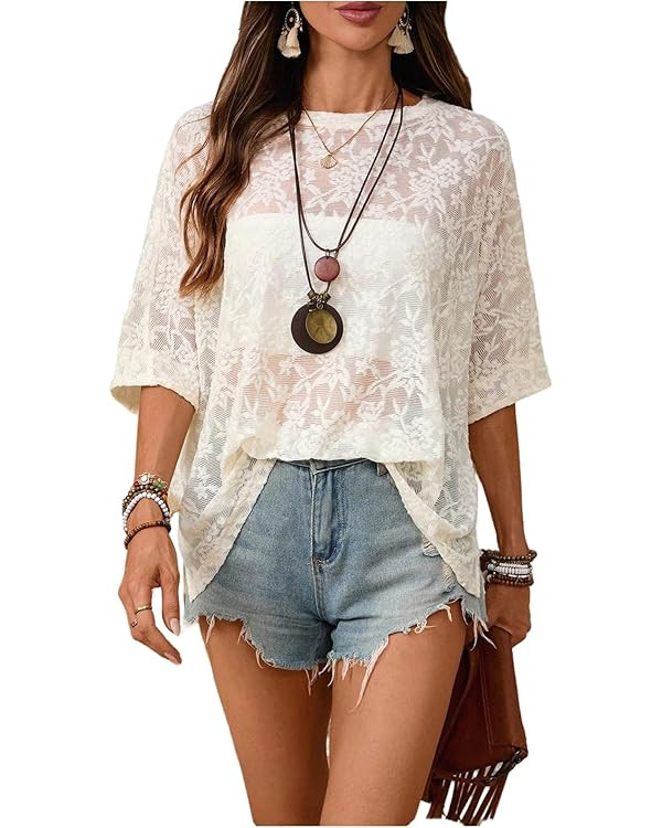 SOLY HUX Women's Floral Mesh Tops Short Sleeve Crew Neck See Through T Shirts Vacation Festival O... | Amazon (US)