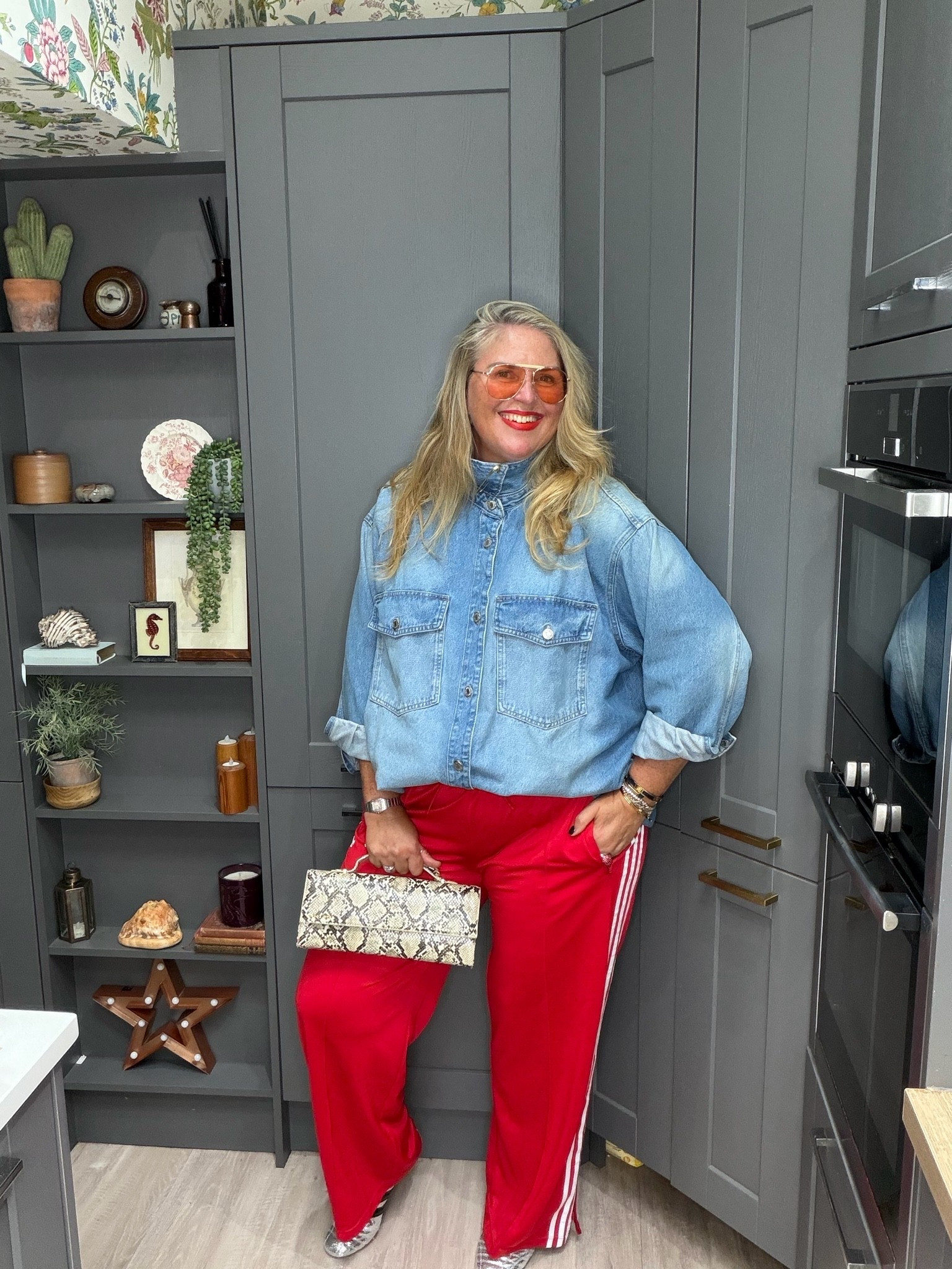 Denim shirt, red track pants, snake skin bag, silver trainers, sunglasses

#LTKautumn #LTKplussize #LTKstyletip