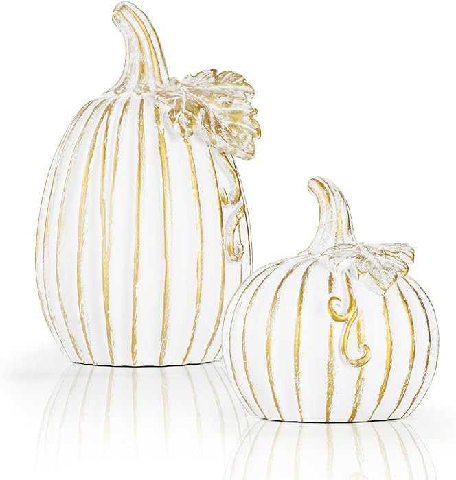 Fall Pumpkin Decor, 2 PCS Resin Thanksgiving Fake Pumpkin Figurines, White and Gold Pumpkins for ... | Amazon (US)