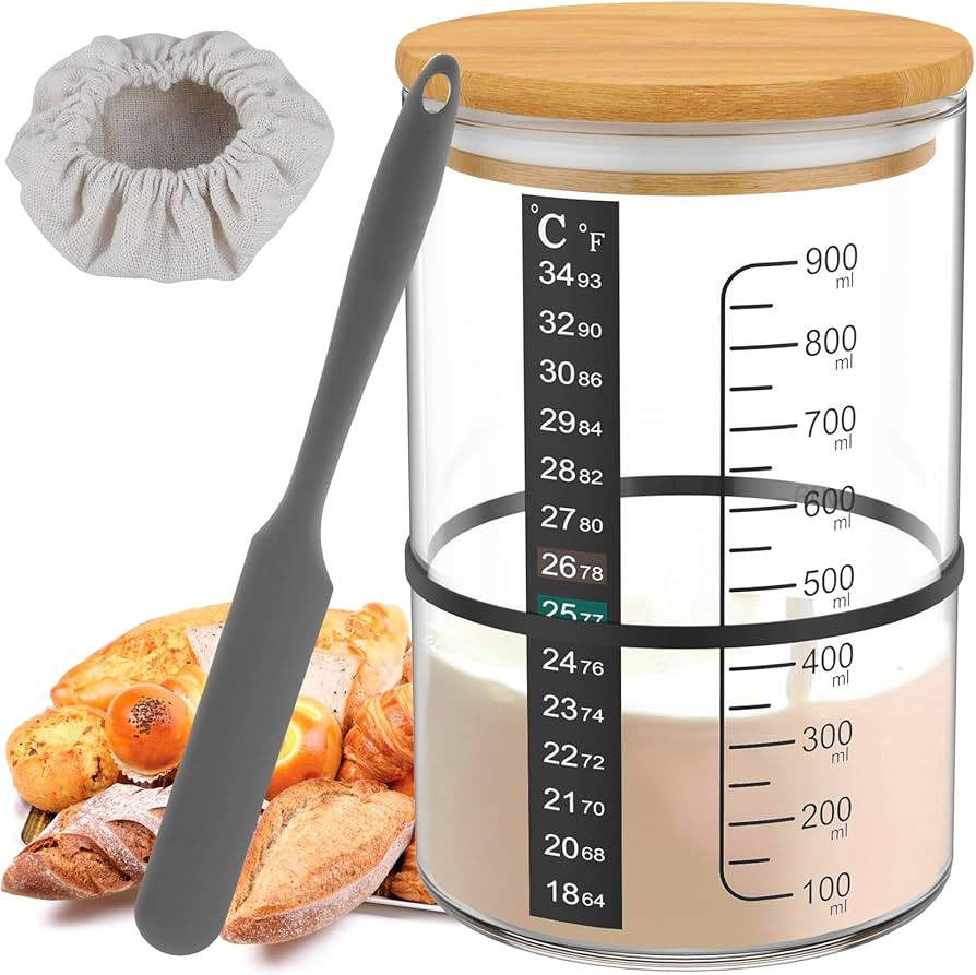 Sourdough Starter Jar Kit, 900ml Sourdough Starter Jar Glass with Thermometer, Silicone Scraper, ... | Amazon (CA)