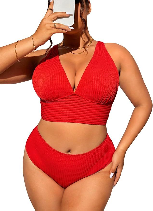 SOLY HUX Women's Plus Size Ribbed Knit Bikini Swimsuit Criss Cross Bra and High Waist Bottom 2 Pi... | Amazon (US)