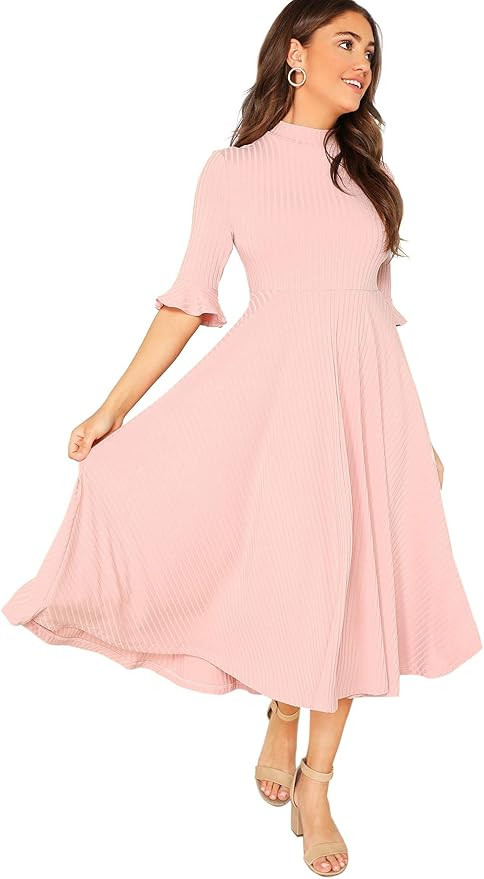 Verdusa Women's Elegant Ribbed Knit Bell Sleeve Fit and Flare Midi Dress | Amazon (US)