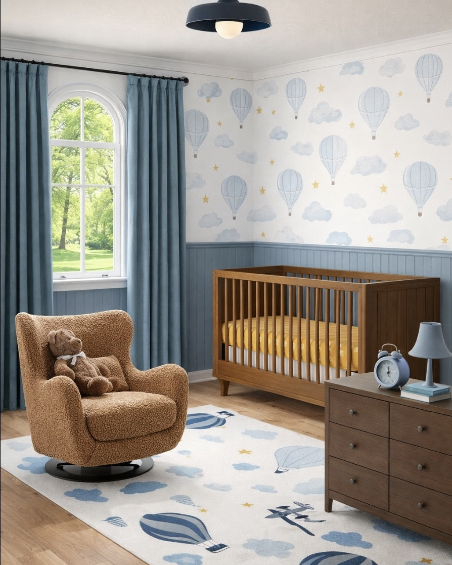 Cute balloon- themed nursery mood board! I love the wallpaper, pretty rug, gorgeous crib and glider, airplane pillow from Pottery Barn, airplane art, affordable dresser. #homedecor #boynursery

#LTKHome #LTKBaby #LTKBump