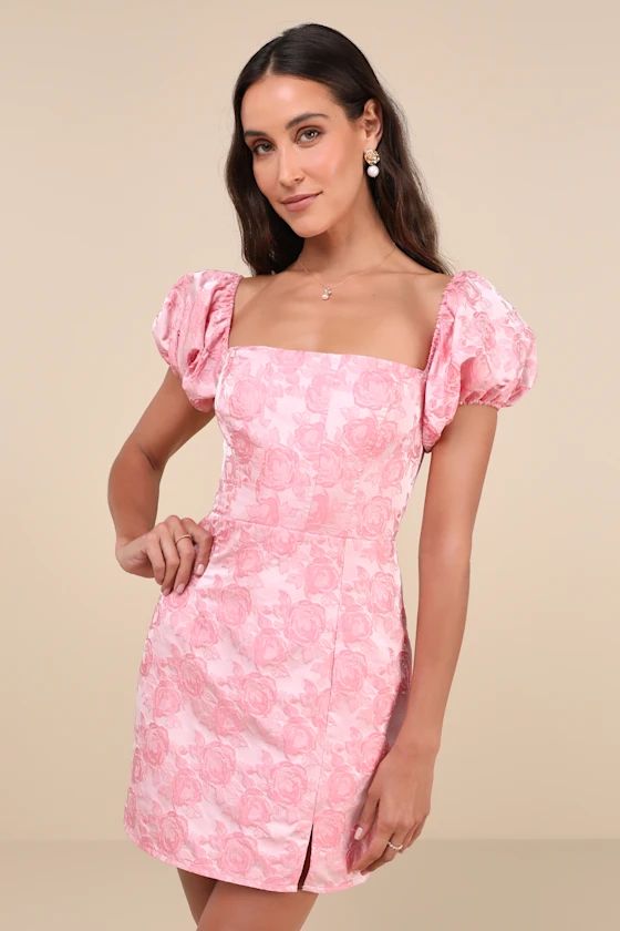 Momentous Cuteness Pink Jacquard Off-the-Shoulder Mini Dress | Lulus