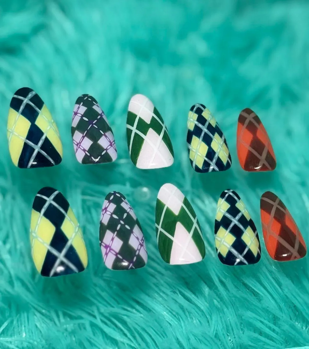 Argyle Press on Nails (Blue and Yellow, Grey and Lilac, Brown and Orange, Pink and Green) | Etsy (US)