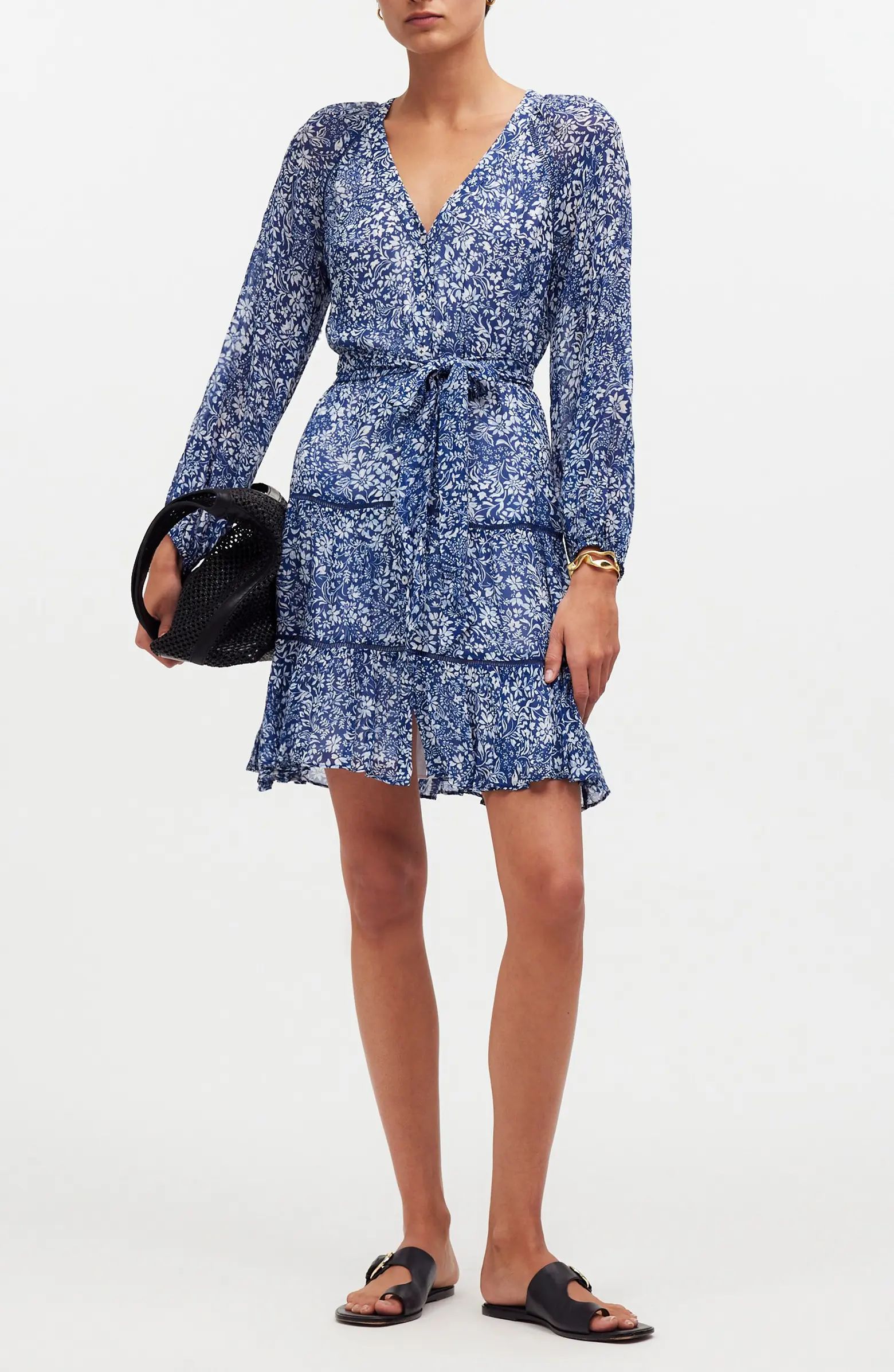 Madewell Floral Tie Waist Long Sleeve Tiered Minidress | Nordstrom | Nordstrom