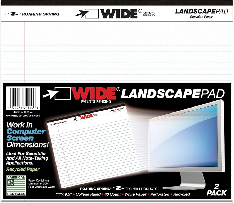 ROARING SPRING Wide Landscape Legal Pad, White, 2 Pads, 11" x 9.5", College-Ruled with Margin, 20... | Amazon (US)