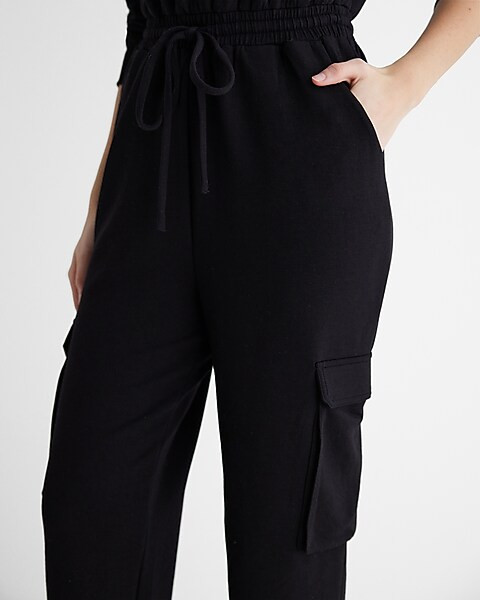 Long Sleeve Tie Waist Cargo Fleece Jumpsuit | Express