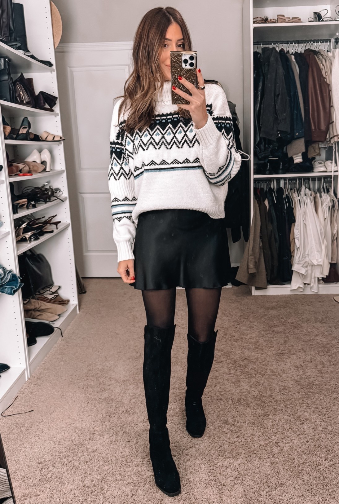 Small in sweater (30% off)
Small in skirt
Medium in tights 
Boots are on sale plus an additional 25% off with code SHOWTIMEE

#LTKHoliday #LTKCyberWeek #LTKSaleAlert