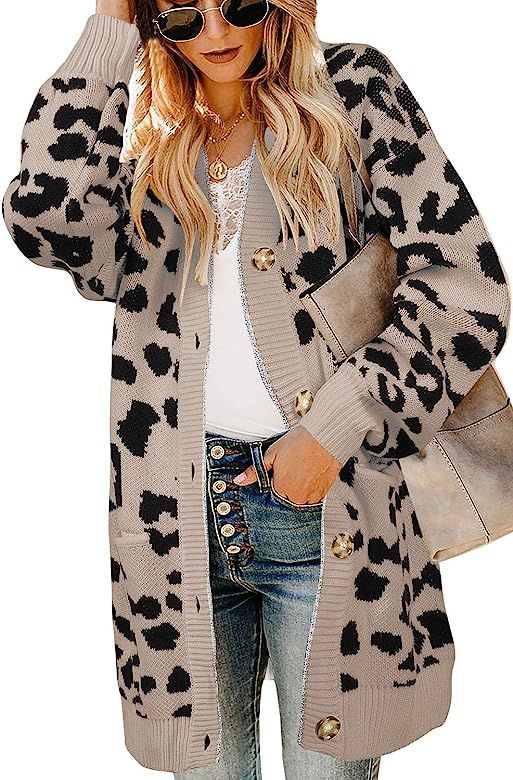 Womens Open Front Leopard Cardigans Oversized Chunky Long Warm Button Down Knit Sweaters Coats wi... | Amazon (US)