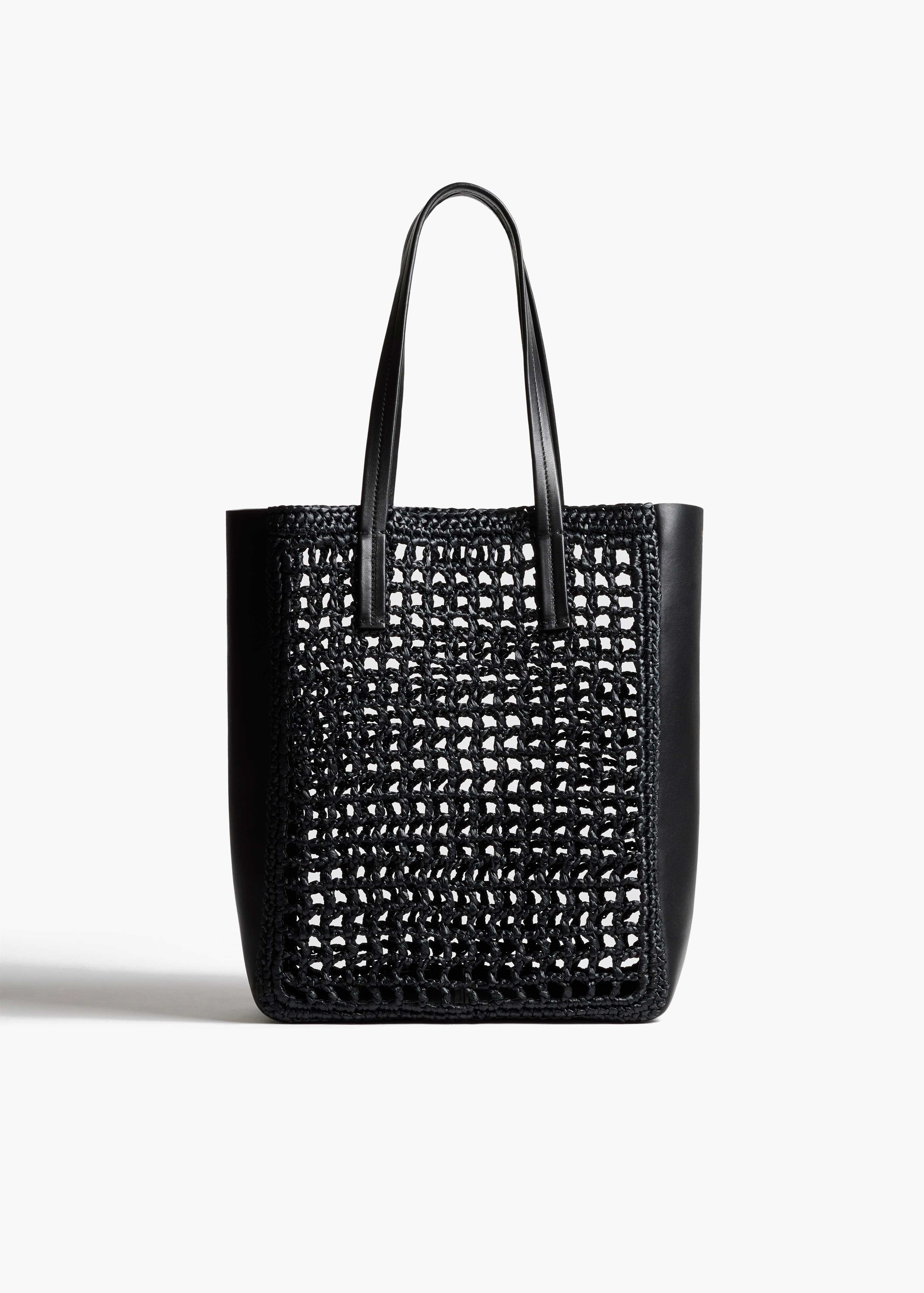 KHAITE - Small Zoe Tote In Black Raffia With Black Leather | Khaite