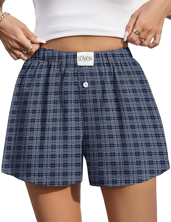 LOMON Womens Boxer Shorts Casual Summer Cotton Pajama Lounge Sleep Pj Gingham Plaid Shorts Y2K Be... | Amazon (US)