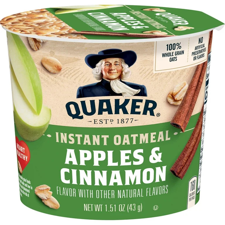 Quaker Instant Oatmeal, Apple Cinnamon, Quick Cook Oatmeal, 1.5oz Cup | Walmart (US)