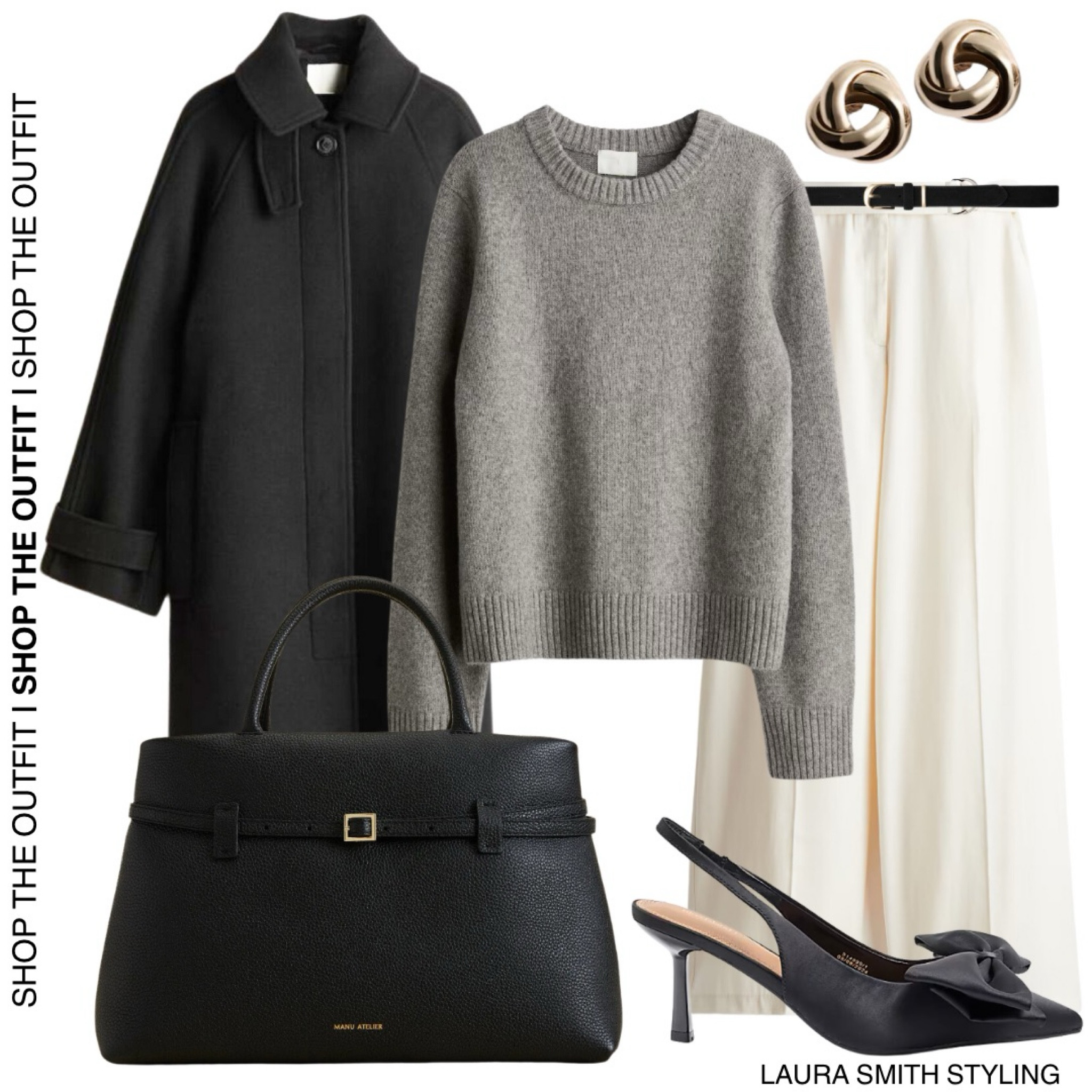 A perfect outfit full of autumn wardrobe staples. 

Including black maxi coat, grey knit jumper, white tailored trousers, black belt, black handbag, black bow heels  

#LTKbag #LTKstyletip #LTKautumn