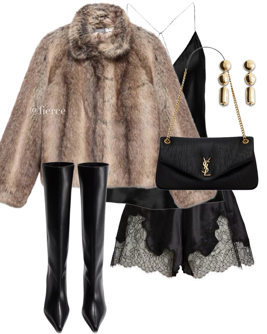 Black lace trim satin shorts satin cami top faux fur beige jacket Ysl chain shoulder bag knee high boots nye outfit party look ladies night dinner evening girls night out 

#LTKdatenight #LTKuk #LTKpartywear