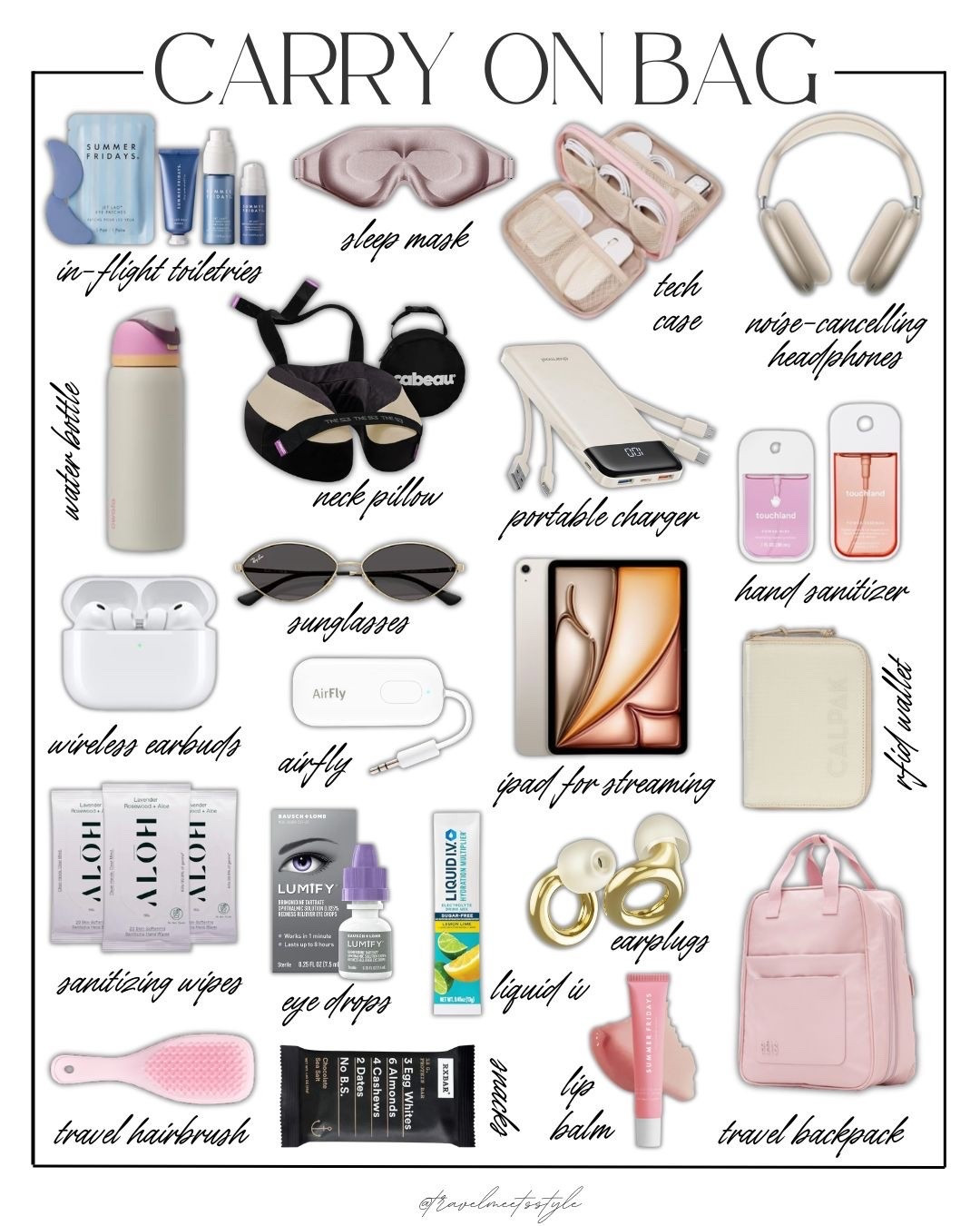 Carry on essentials you didn’t know you needed ✈️

Travel eye mask, neck pillow, portable charger, noise cancelling headphones, Airfly, Touchland hand sanitizer, sanitizing wipes, travel backpack, Owala water bottle, tech case, travel size toiletries

#LTKTravel #LTKBeauty