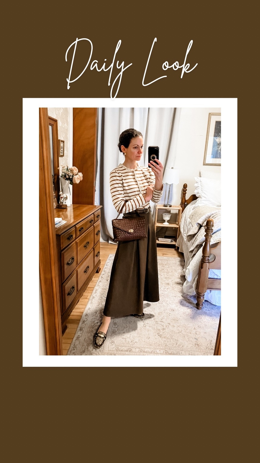 A brown and cream neutral spring outfit!
Top is old from Sezane. 
Faux leather skirt from @Chicwish 
Gold and white topaz earrings from Peachmind. 
Brown woven handbag from Moda Luxe. 
Brown loafers and old from Coach, linking similar. 
Petite outfit. Modest outfit. Spring outfit. Classic outfit. Neutral outfit  

#LTKgrwm #LTKdayinmylife #LTKootd