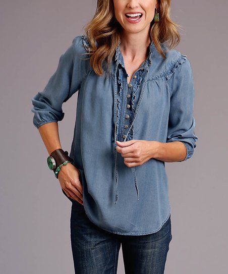 Blue Embroidered Ruffle Tie-Neck Button-Front Top - Women | Zulily