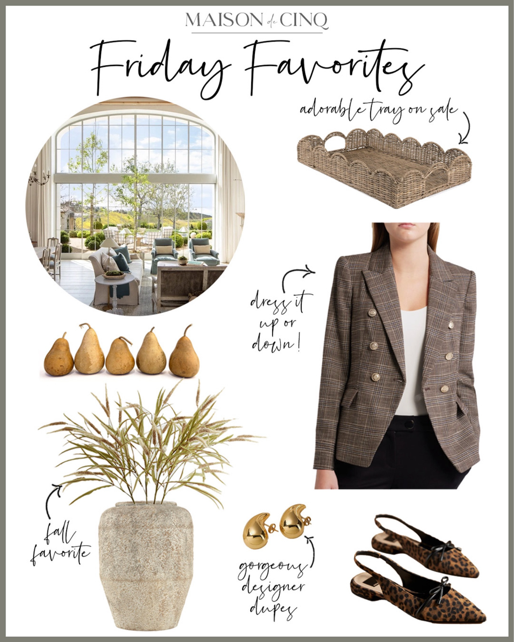 So many great finds for Friday Favorites today like my fave fall grasses on sale, cute plaid blazers, fall flats and loafers and more!

Home decor, fall decor, fall outfit, rustic vase, scalloped tray, earrings, fall blazer 

#LTKHome #LTKFindsUnder50 #LTKSeasonal
