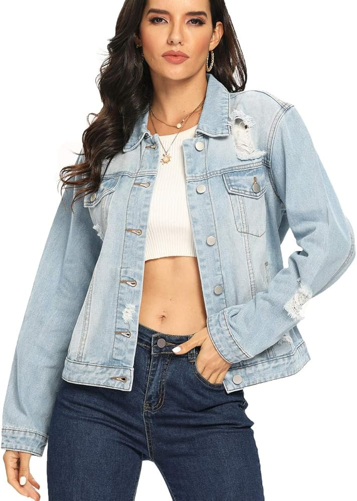 Dilgul Women's Denim Jackets Ripped Distressed Casual Long Sleeve Basic Button Down Jean Jacket with | Amazon (US)