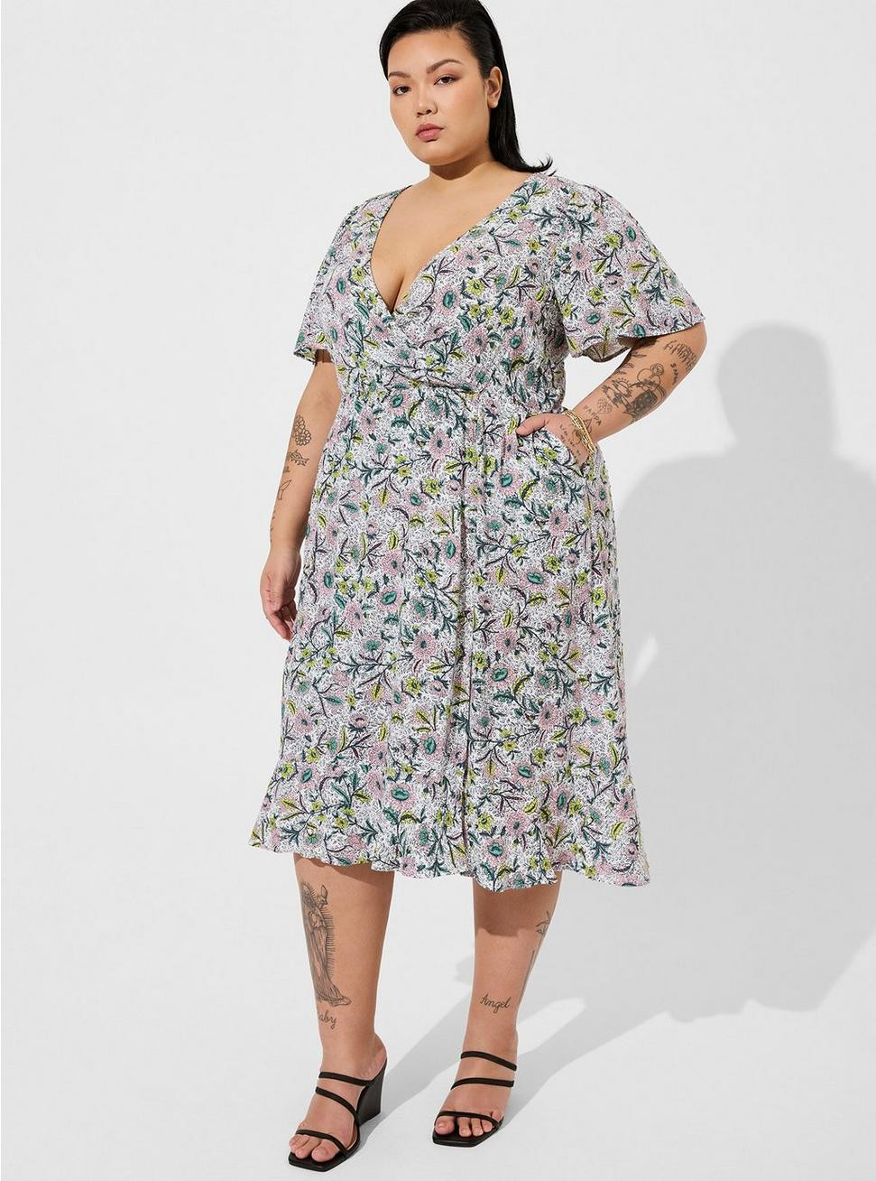 Midi Swiss Dot Flutter Sleeve Wrap Dress | Torrid (US & Canada)