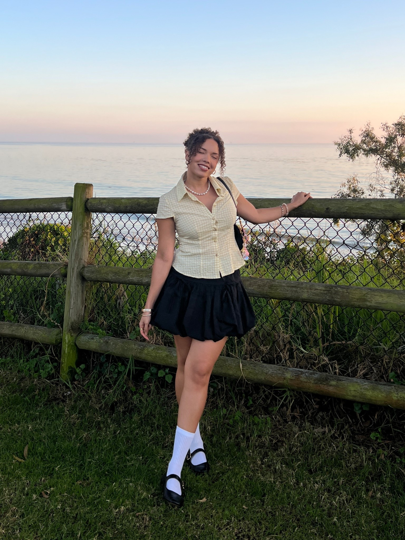 warm weather fall outfit wearing a yellow plaid short sleeve button up, a black bubble skirt with bow details and my black Mary Jane flats 🖤 

#LTKStyleTip #LTKShoeCrush #LTKootd
