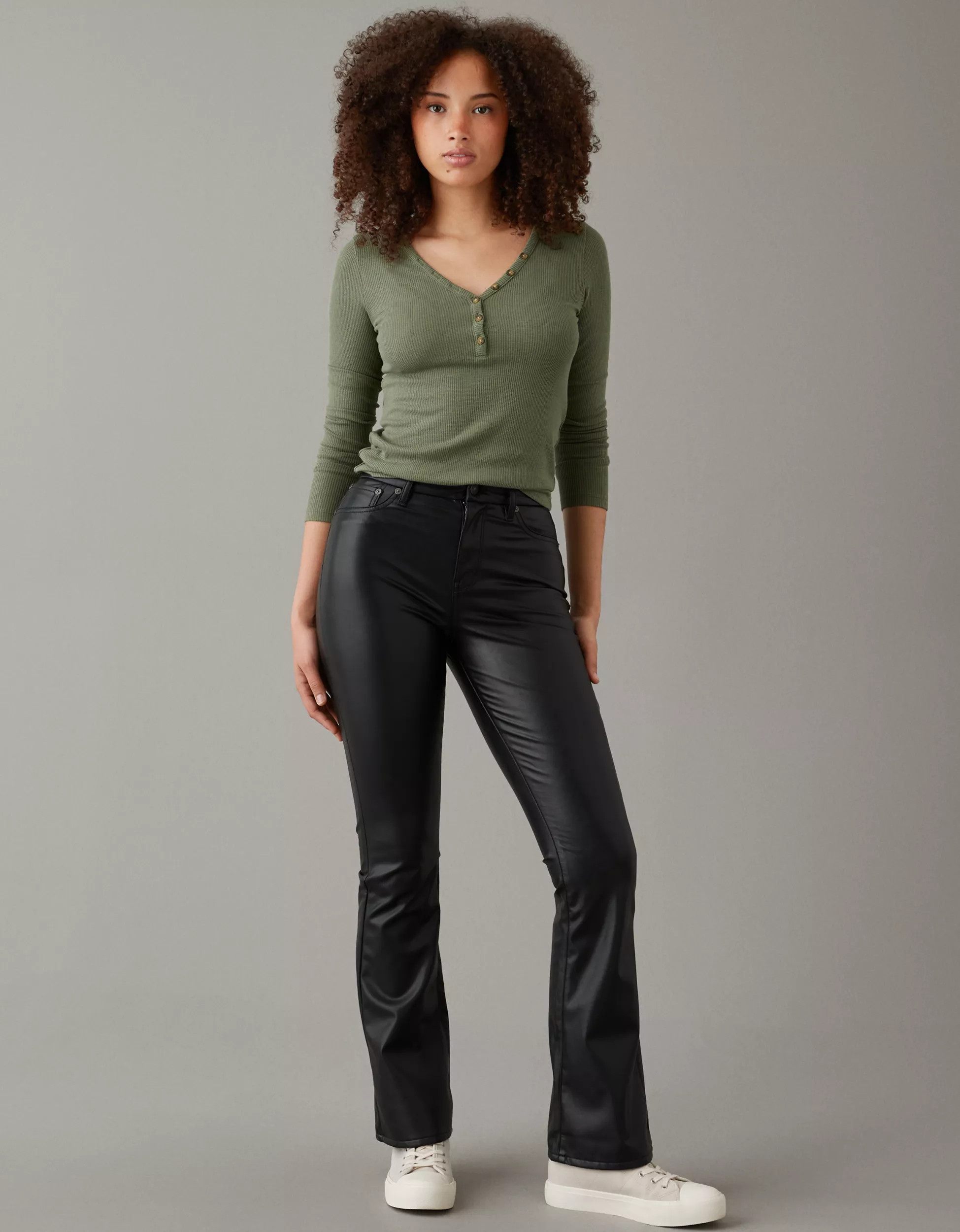 AE Curvy Super High-Waisted Kick Bootcut Vegan Leather Pant | American Eagle Outfitters (US & CA)