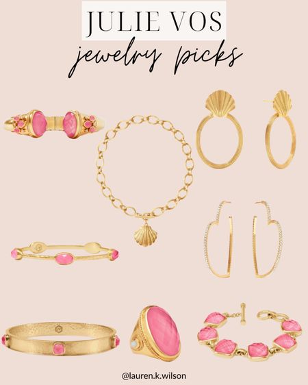 Julie cos, gold, jewelry, pink, seashell, hoops, bangles, bracelets, rings 

#LTKSeasonal #LTKstyletip #LTKfindsunder100
