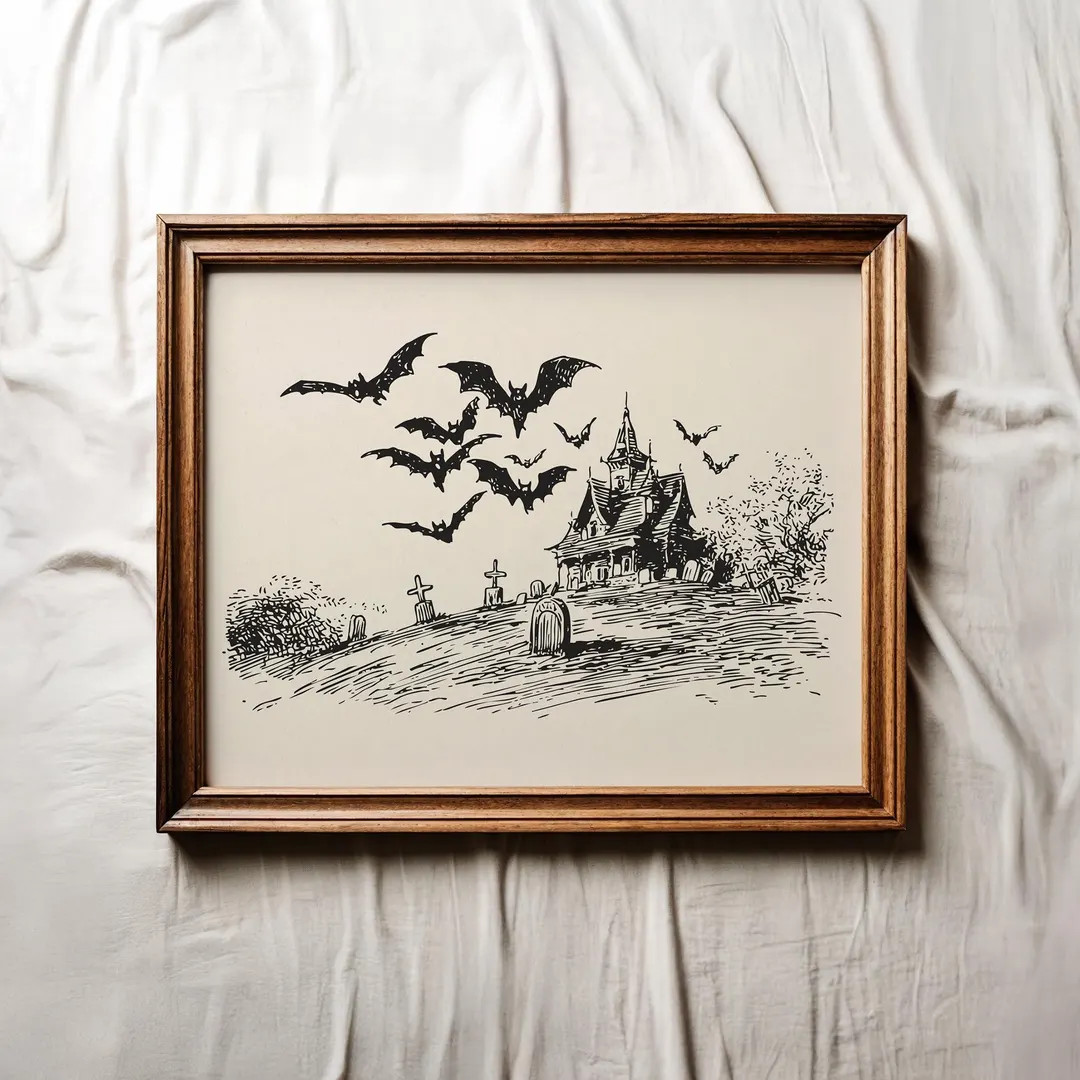 Halloween Haunted House Sketch Print, Printable Wall Art, Vintage Halloween Printable, Spooky Bat... | Etsy (US)