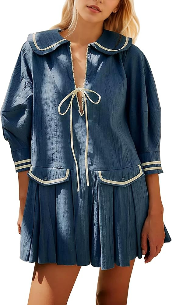 Women Cute Bow Tie Up Open Front Mini Dress Lapel Contrast Binding 3/4 Sleeve Mini Dress Pleated ... | Amazon (US)