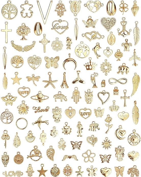 100 Pcs Wholesale Bulk Lots Jewelry Making Charms, Mixed Golden KC Gold Alloy Charms Pendants for... | Amazon (US)
