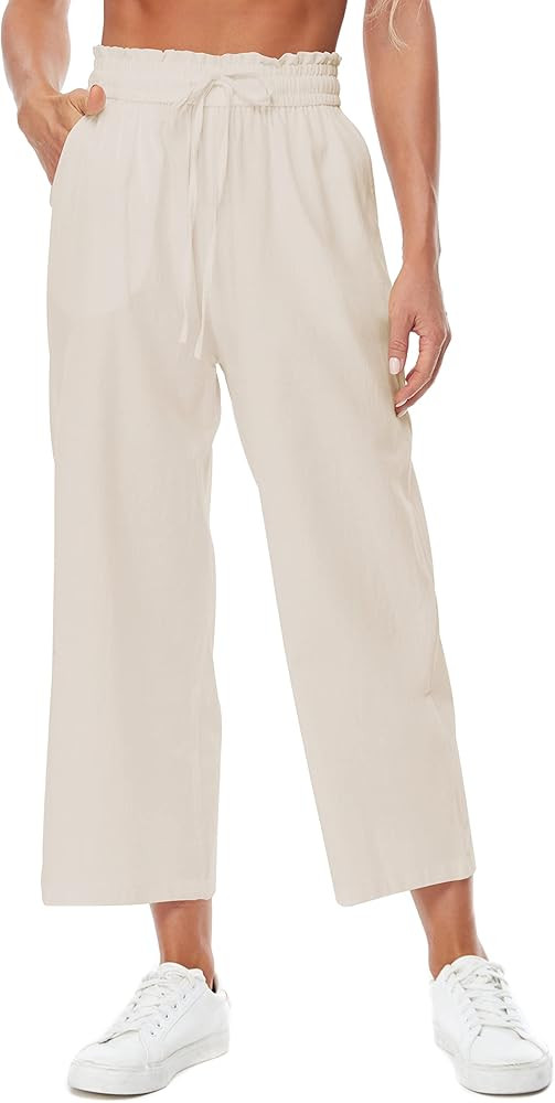 Womens Linen Wide Leg Pants High Waisted Drawstring Loose Pants with Pocket | Amazon (US)