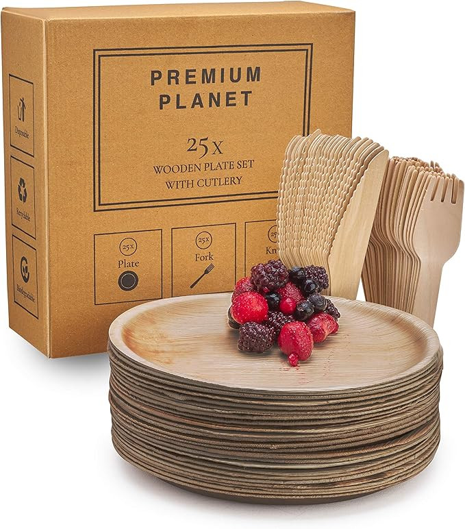 Premium Planet 75x Large Biodegradable Plates Set with Cutlery | 25 Plates | 25 Forks | 25 Knives... | Amazon (US)