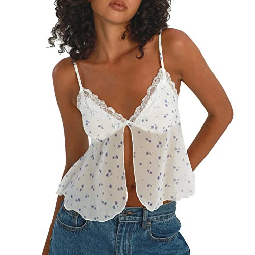 RUEWEY Women's Summer Tie Up Camisole Tops Lace Sleeveless V Neck Irregular Ruffle Bustier Tops C... | Amazon (US)