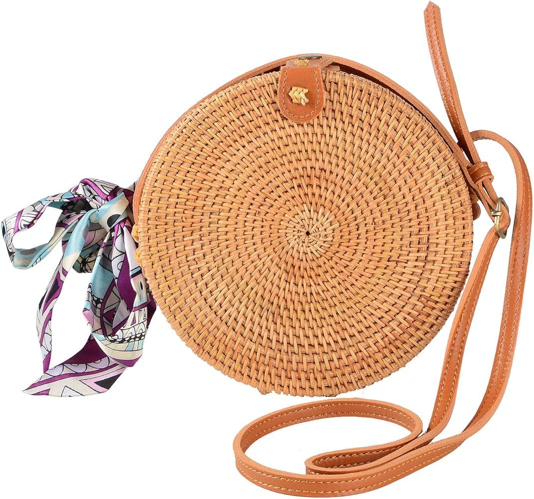 Round Rattan Bags Woman Handwoven Straw Purse Bag Crossbody Shoulder Leather Straps Natural Chic | Amazon (US)
