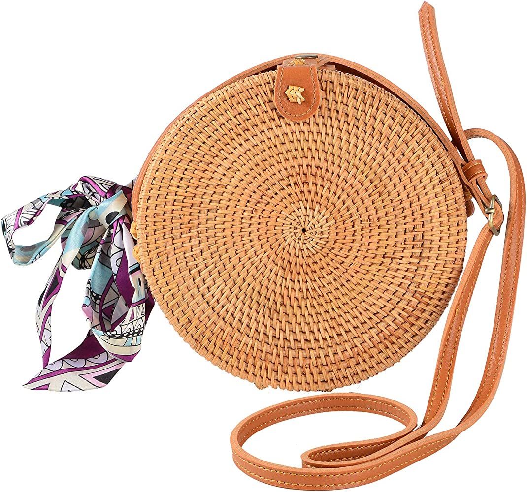 Round Rattan Bags Woman Handwoven Straw Purse Bag Crossbody Shoulder Leather Straps Natural Chic | Amazon (US)