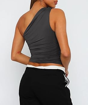 Cioatin Women Sleeveless One Shoulder Crop Tank Tops Ruched Tight Slim Fitted Workout Y2K Going O... | Amazon (US)