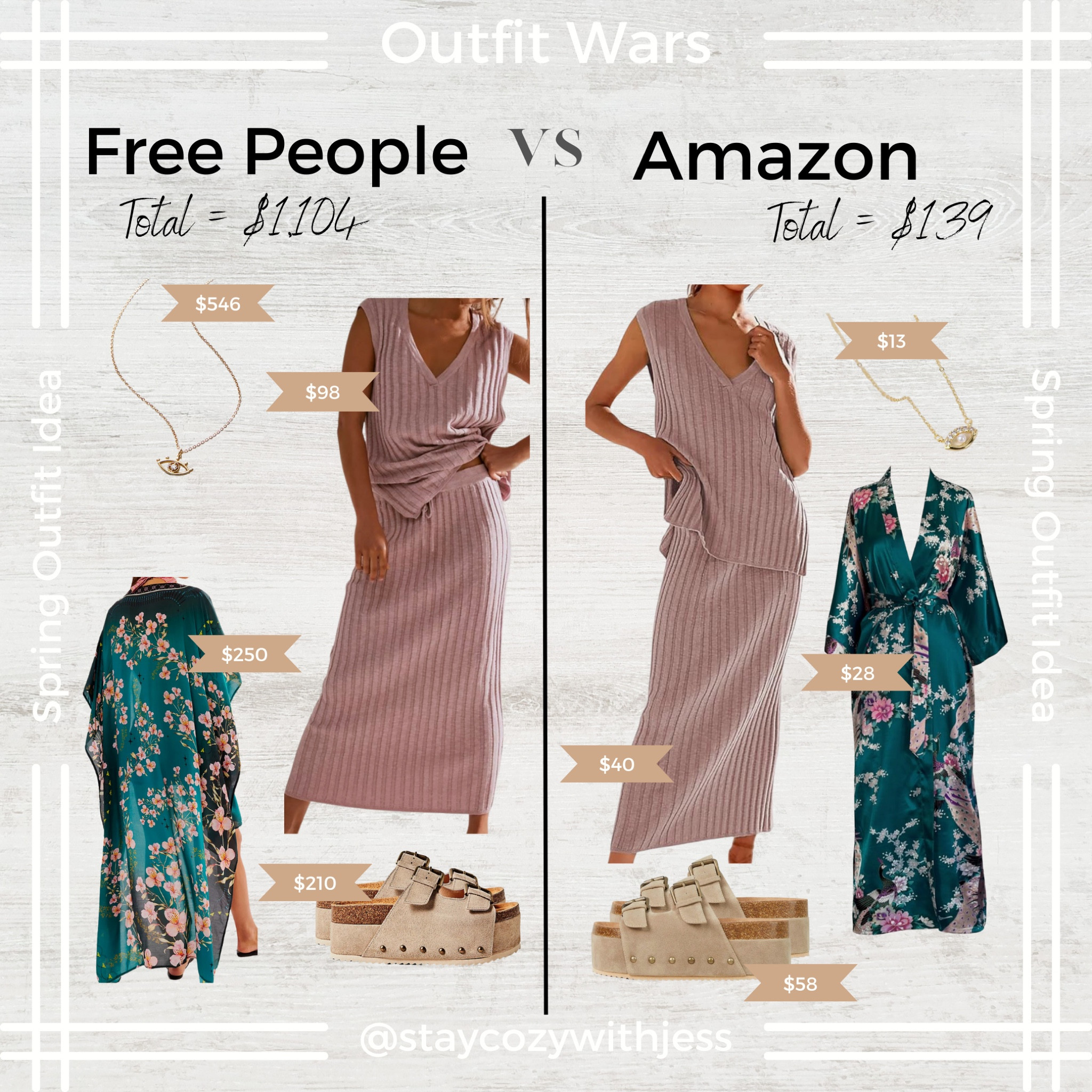 Free People vs. Amazon spring outfit wars. Shop all 8 pieces below and follow me for more this vs. that fashion finds.

Stay cozy,
-Jess

P.s. Flash sales are coming and going! ❤️

Free people, free people inspired, free people
Amazon, free people spring, free people dupes, Amazon dress, Amazon dresses, Amazon kimono, Amazon duster, Amazon shoes, Amazon maxi dress, summer dress, sun dress, spring outfits, outfits, outfit ideas, looks for less, raffia sandals


#LTKfindsunder50 #LTKstyletip #LTKSeasonal