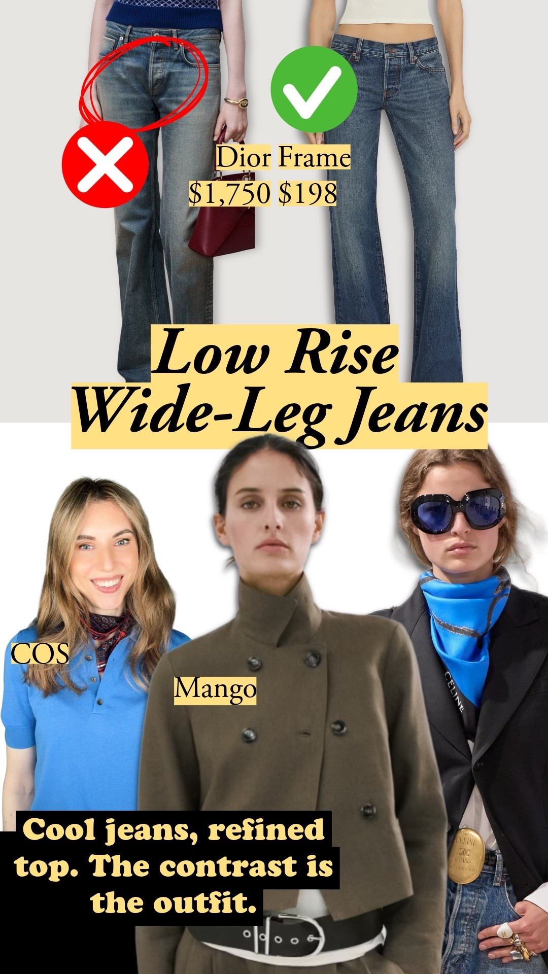 Low rise wide legs are back – the styling secret is contrast. Pair the relaxed denim with something structured and refined on top: a polo, a military jacket, a sharp blazer with a silk scarf. Watch for clean hip lines and avoid that folded “smile” at Dior; that's what separates a great pair from an expensive miss. My low rise picks and the tops that make them work 👇 

low rise wide leg jeans, low rise jeans outfit, how to style low rise jeans, wide leg jeans, Frame jeans, silk scarf outfit, military jacket, polo shirt women, blazer and jeans, COS polo, Mango jacket, spring denim, refined casual outfit


#LTKootd