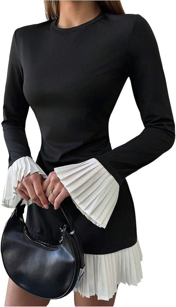 GORGLITTER Women's Long Sleeve Pleated Bubble Dress Elegant Classy Fall Color Block Patchwork For... | Amazon (US)