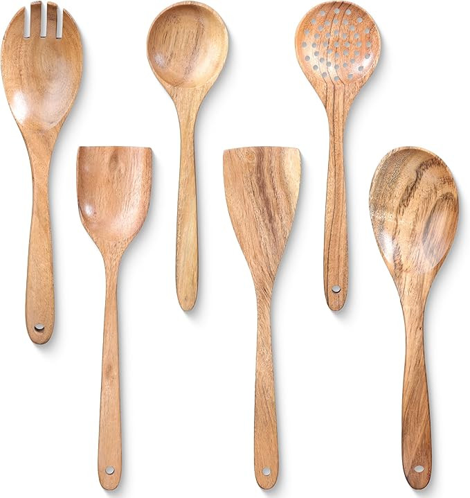 INTAJ Wooden Spoon Set for Cooking & Serving – 6-Piece Eco-Friendly Kitchen Utensils – Handma... | Amazon (US)