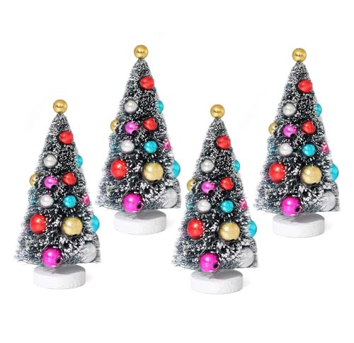 4 Pcs Mini Christmas Tree Bottle Brush Christmas Trees Sisal Trees Table Decorations Assorted Color Balls,4 Inch Small Pine Trees with Wood Base | Amazon (US)