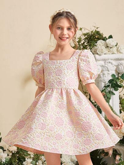 SHEIN Girls Floral Jacquard Square Neck Puff Sleeve Dress
       
              
              $2... | SHEIN