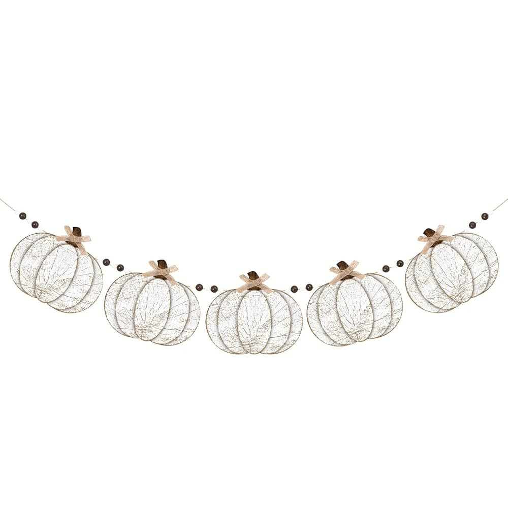 Yalikop Wooden Pumpkin Garland for Fall Decorations 84 Inch 3D White Crackled Pumpkin Hanging Ban... | Amazon (US)